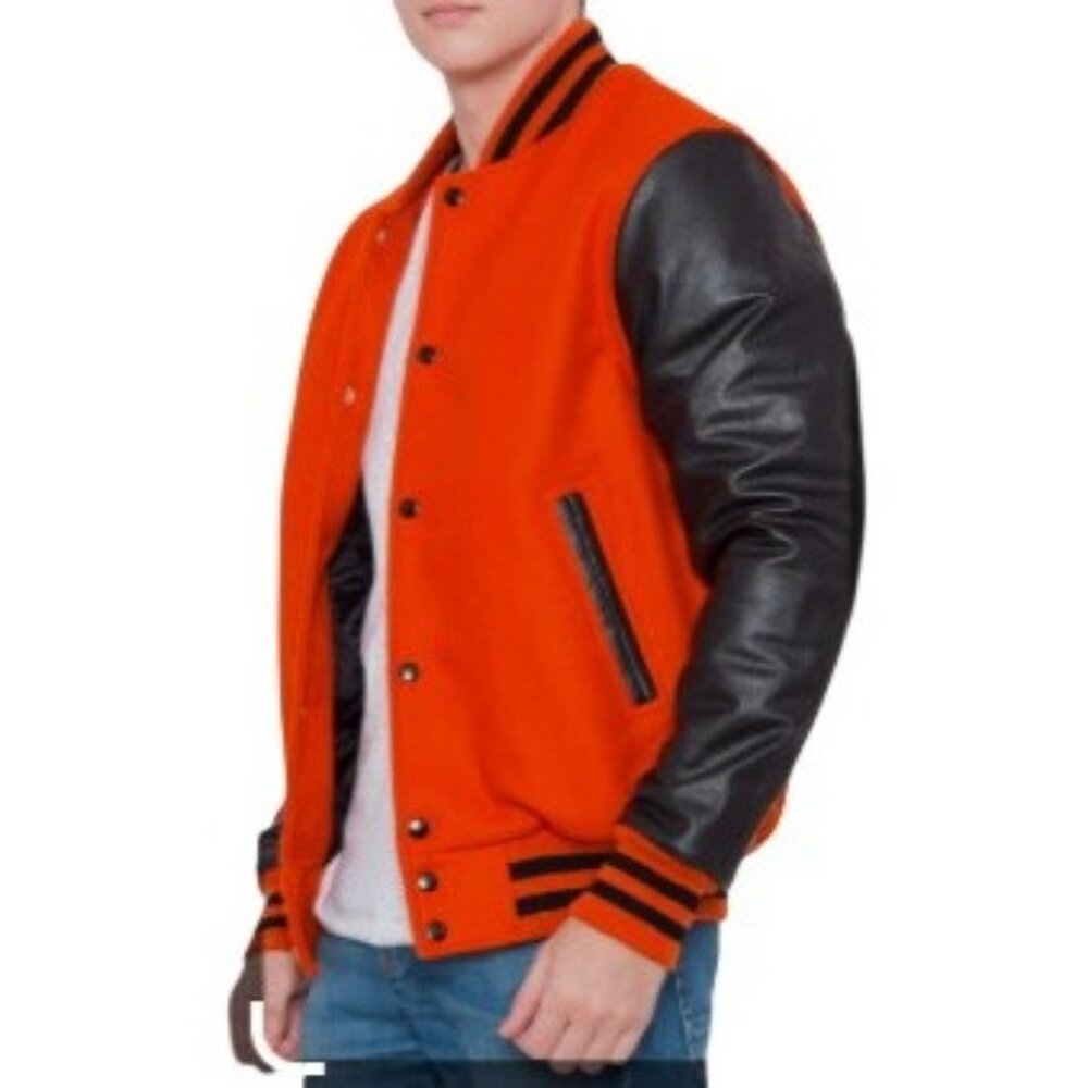 Game Men's L Long Bomber Orange Black Winhawks Leather Sleeves Wool Blend Jacket